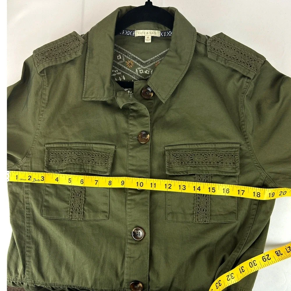 Kate‎ & Sam Olive Green Embroidered Peplum Utility Jacket Women Boho Lace Medium